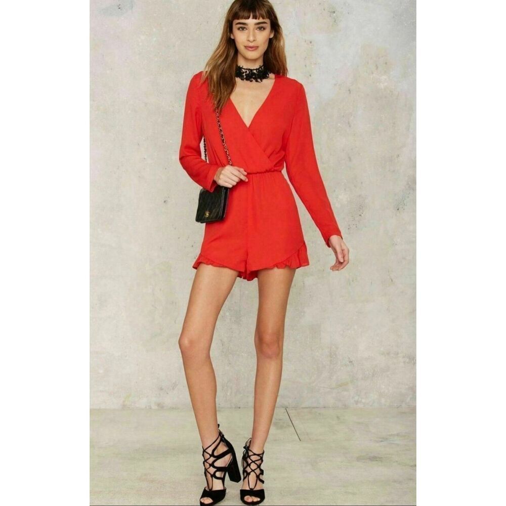Nasty gal Womens Red Parigi Plunging Ruffle Romper Size medium - Picture 1 of 8